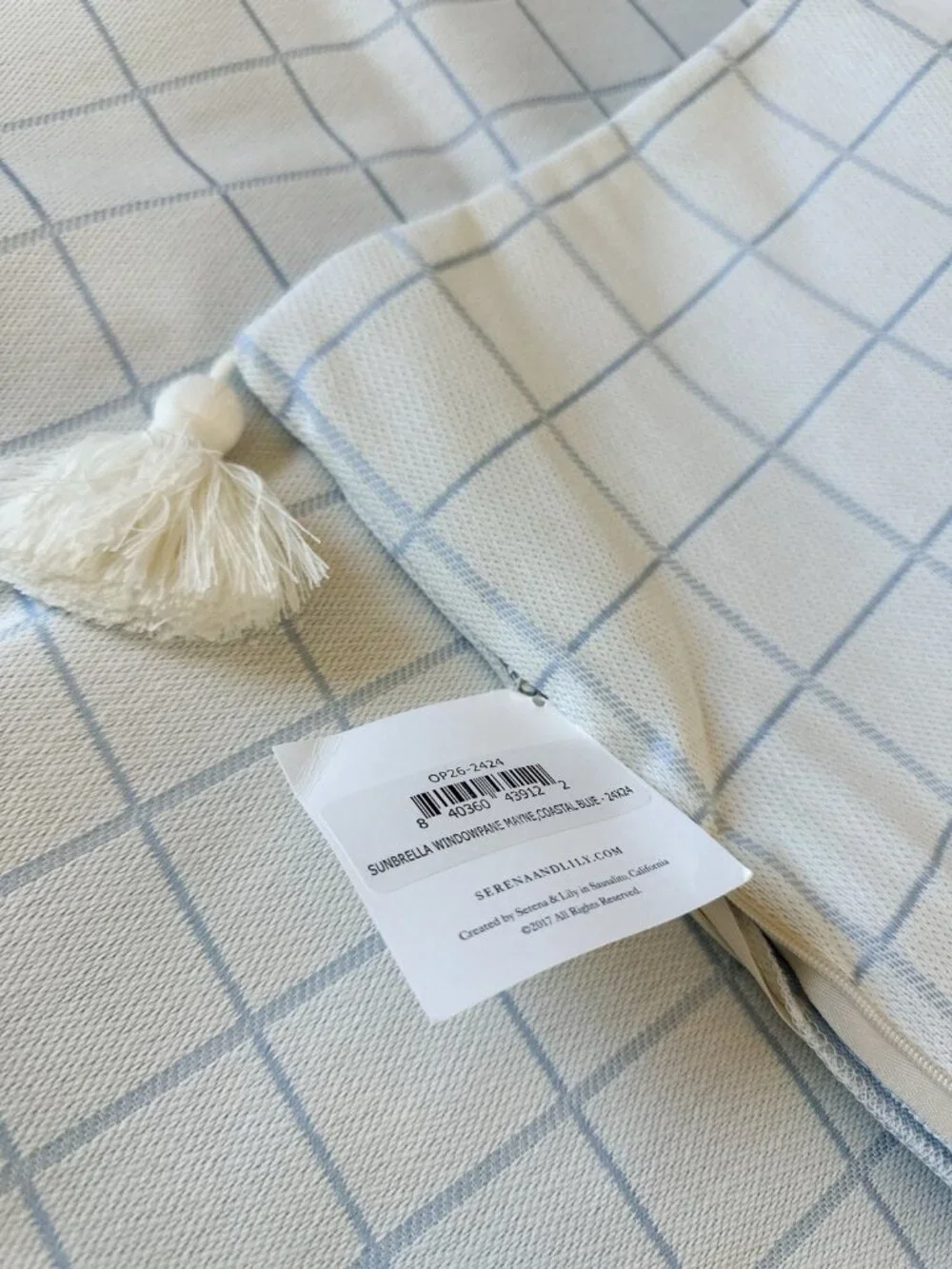 NEW Serena & Lily Sunbrella Windowpane Mayne Pillow Cover (24” SQ)-Coastal Blue